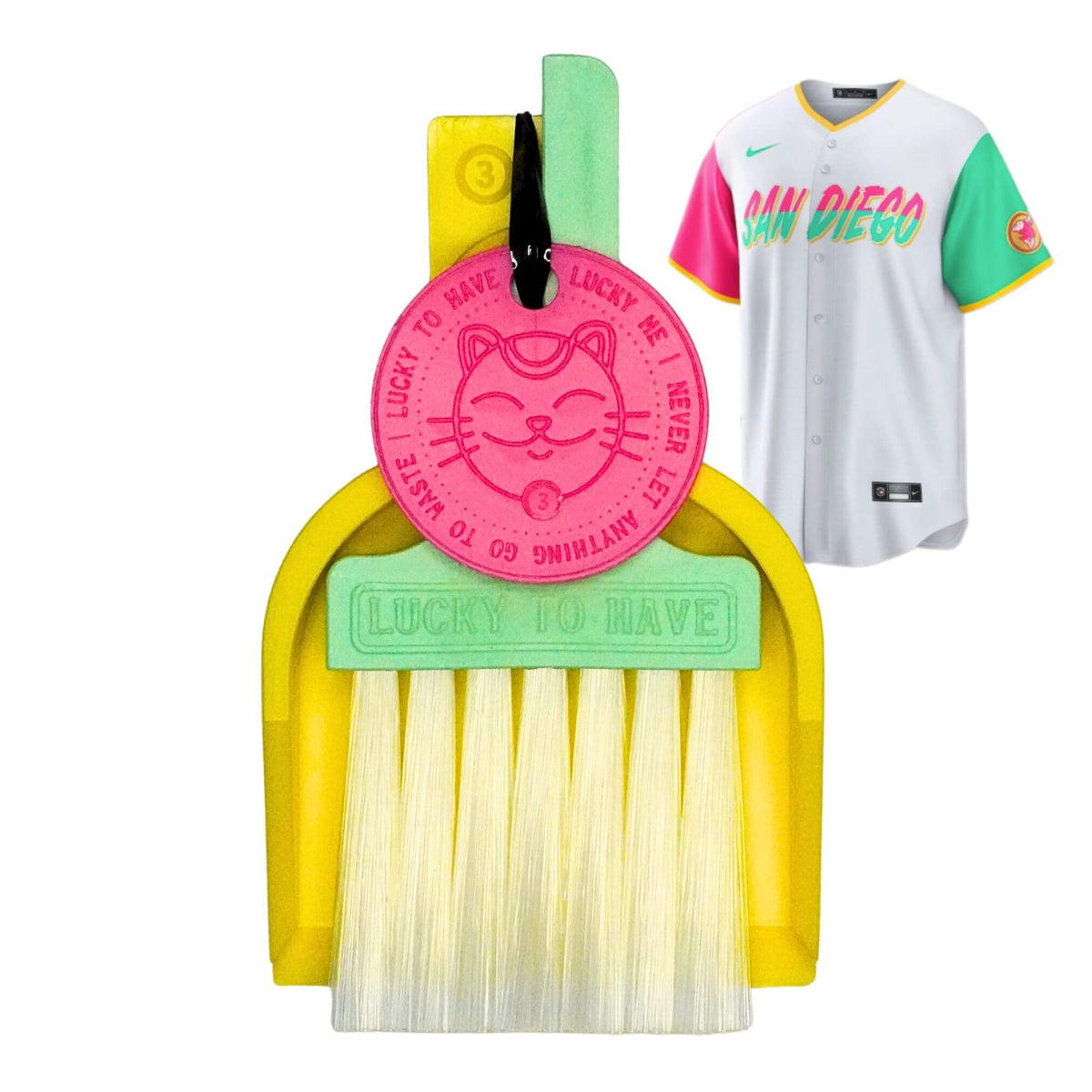 Custom Lucky by LUCKY TO HAVE® with a mint green broom, yellow pan and pink Lucky Coin, inspired by the San Diego Padres’ City Connect colours, shown beside the matching jersey.